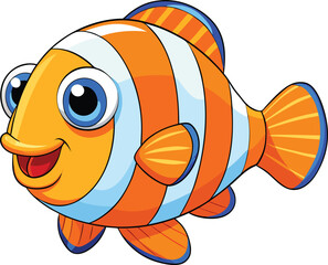 Cute cartoon clown fish vector with big eyes and orange white stripes for kids sea animal illustration
