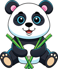 Cute cartoon panda bear vector sitting with bamboo sticks and smiling face for kids animal character design
