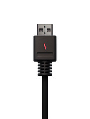Minimal tech focus. Transparent PNG. Close-up of USB cable with red thunderbolt icon. Ideal for electronics, charging solutions, and tech hardware content.
