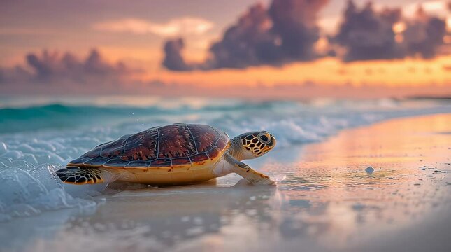 Sea turtle crawling on the beach at sunset / 夕暮れの浜辺を進むウミガメ