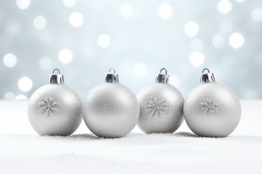 Four silver christmas balls with snowflake decorations rest on snow with sparkling background lights