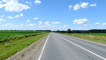 Fototapeta premium Rural highway stretches into the horizon under a sunny blue sky with scattered clouds and green fields along the roadside.