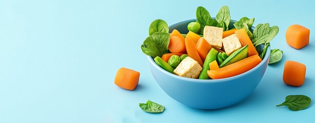 Nutrition for Athletes, Diet, Performance, Fresh Vegetable Salad with Tofu on a Blue Background