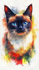 Watercolor Animal Art Pet Portrait Minimalist, Colorful Portrait of a Siamese Cat with Striking Blue Eyes