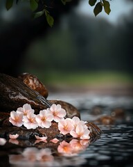 Petals Warm Riverbank, Delicate Cherry Blossoms Resting on Smooth Water Surface at Sunset