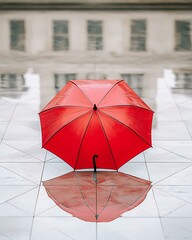 Red Umbrella Fashionable Reflection, Bright Red Umbrella Reflected on Wet Floor in Urban Setting