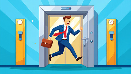 A businessman in a suit running out of an elevator, holding a briefcase.
