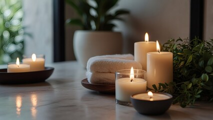 Serene Spa Scene with Candles, Towels, and Greenery on a Marble Surface