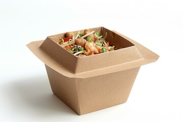 Delicious wok food with shrimps and vegetables inside sustainable cardboard box, perfect for takeaway