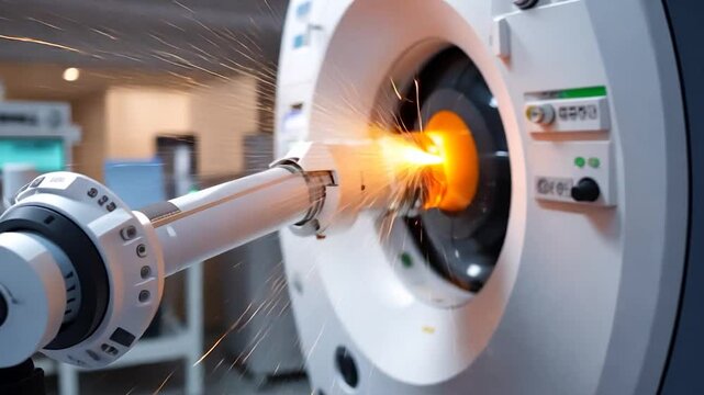 Close-up of a robotic arm welding a cylindrical object with sparks in a laboratory setting. The scene is well-lit with a focus on the bright orange glow of the welding process and the precision of