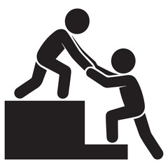 One person helps another person climb up a step using a helping hand gesture symbolizing teamwork support and overcoming challenges