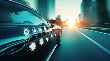 Autonomous vehicle speeding on highway, showcasing digital interface - Powered by Adobe
