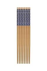 Set of wooden chopsticks with dark blue patterned handles, ideal for sushi dining, Asian restaurants, and contemporary kitchen collections