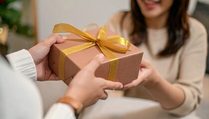 Woman receives a gift box wrapped with gold ribbon, expressing joy and gratitude during a special celebration.