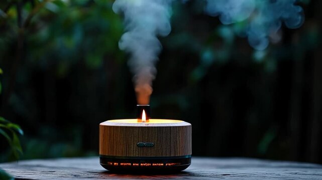 Close-up video of a wooden aroma diffuser with a glowing flame releasing steam on a rustic wooden surface against a blurred green foliage background, capturing a sense of tranquility and natural