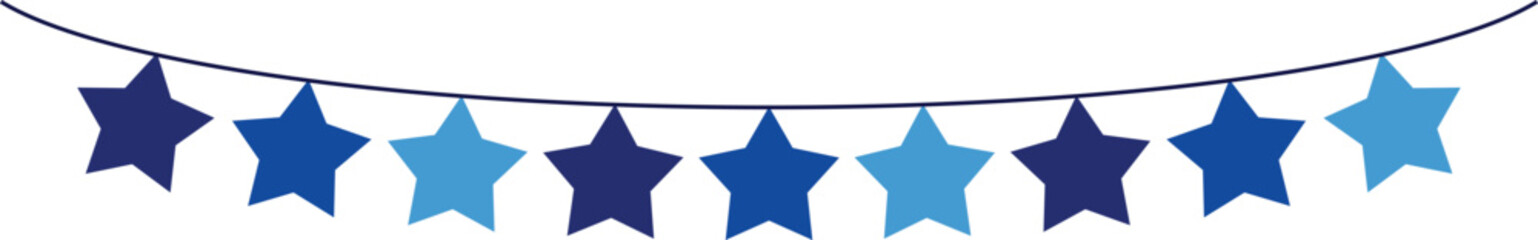 Bunting Banner with Star Shape Flags - Decorative bunting banner in shades of blue hung on a thin string