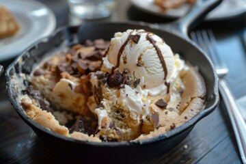 Warm, freshly baked chocolate chip cookie topped with creamy vanilla ice cream, chocolate syrup, and chocolate chips, served in a cast iron skillet