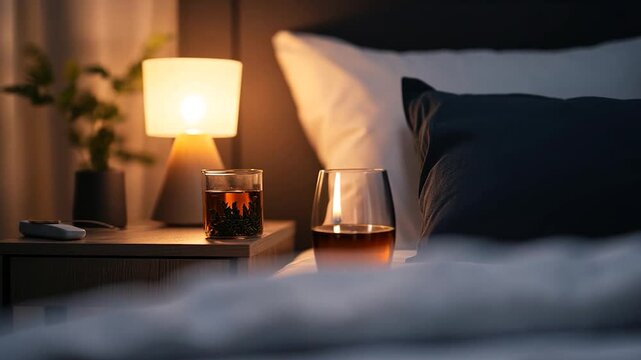 Close-up of a bedroom interior with soft lighting featuring a bedside table a glass of tea and pillows. The scene evokes calmness and relaxation