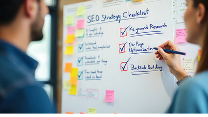 Two people collaborating on a whiteboard planning an seo strategy checklist with sticky notes