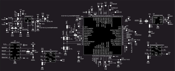 Schematic diagram of electronic device on sheet of paper.  Vector drawing electrical circuit with microcontroller,
resistor, integrated circuit, capacitor, diode,
other components.