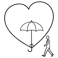Heart umbrella and walking person outline silhouette vector illustration