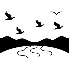 Birds flying over mountain river landscape silhouette vector illustration