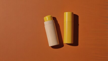 Minimalist Yellow Lip Balm Tubes with Wooden and Plastic Packaging on Warm Terracotta Background