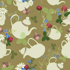 Pattern of wildflower tea collection, olive green version, teapots, cups and wildflower pattern.