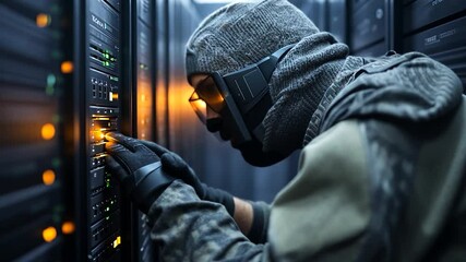 Person in camouflage gear working on server racks in a data center. Focused on the hands interacting with hardware and electronic components. Dark, shadowy, and detailed. Lit by warm and cool toned