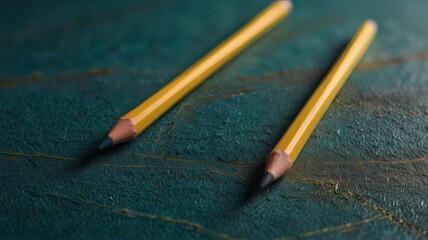 Close-Up of Two Yellow Graphite Pencils on Textured Green Surface with Artistic Lighting