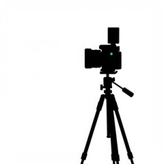 Camera on tripod with green light in minimal black silhouette  