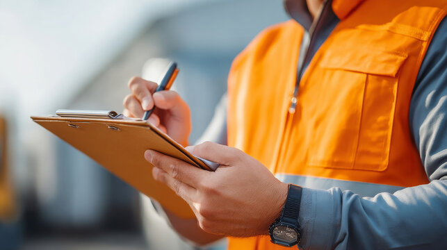 Embassy inspector reviewing equipment checklist in outdoor setting