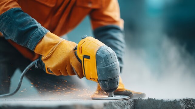 Construction worker using power tools with safety gear at job site