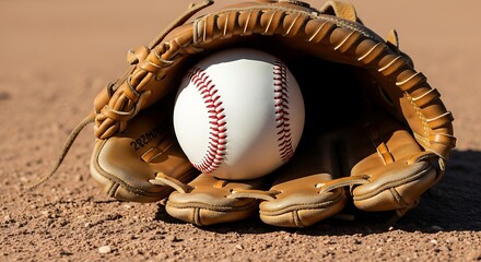 Close-up of a white baseball resting inside a brown leather baseball glove with red stitching on a dirt infield during a sunny daytime sports event or game practice session