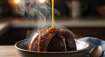 Steaming Warm Chocolate Sponge Pudding Drizzled With Golden Caramel Sauce Served in a Rustic Bowl A Comforting Dessert Experience
