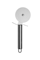 Stainless steel pizza cutter with a sleek cylindrical handle, ideal for slicing pizza, flatbreads, and pastries in modern kitchens and pizzerias
