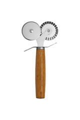 Dual-wheel stainless steel pastry and pizza cutter with a wooden handle, perfect for slicing dough, pasta, and pizzas in gourmet kitchens