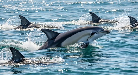 Fototapeta premium Pod of dolphins swimming and leaping in ocean water creating splashes during a sunny day wildlife marine life exploration