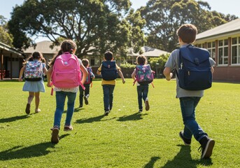 Fototapeta premium A group of happy children run across the green grass towards school.