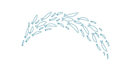 outline fish swim in a lively school. Group of marine creatures forms a charming silhouette. Undersea theme, flat doodle style, perfect for ocean projects.