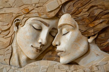 Stone carving representing two lovers with closed eyes, embracing tenderly, creating a romantic and serene atmosphere