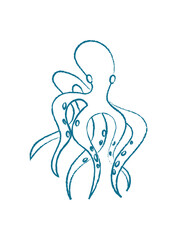 Chalk octopus silhouette. Crayon sea creature. Underwater marine life, doodle style, potential for use in educational materials and marine illustrations.
