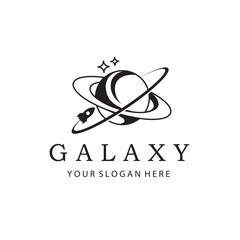 monochrome design of planet saturn with rocket isolated on white background