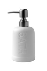 Matte white oval ceramic soap dispenser with silver pump and embossed “BATH” label, ideal for modern bathrooms and stylish home decor