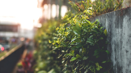 Lush green vertical garden growing on a concrete wall in an urban environment showing eco friendly landscaping sustainable city living and nature integration with soft warm sunlight