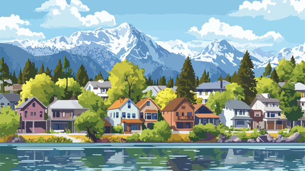 Obraz premium Scenic View of Houses with Mountains and River