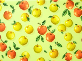Apple Pattern: A cheerful and vibrant pattern of red and yellow apples with green leaves, scattered across a light green background, creating a fresh and appetizing design. 