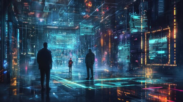 Futuristic cityscape illuminated by neon lights giant glowing Bitcoin symbol and digital cryptocurrency icons projected in the sky above silhouetted figures and high-tech buildings. Generative by AI