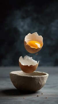 A cracked egg floats in slow motion above a rusti