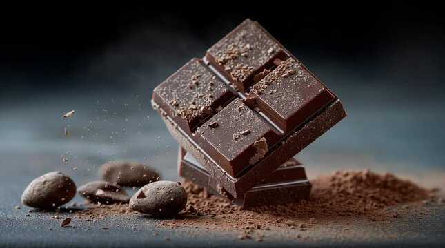 A stack of rich dark chocolate squares floats